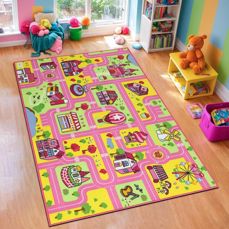 Capslpad Kid Rug for Playroom Pink Play Rug Traffic Road Car Play Mat 5.2x3.3 ft Educational Learning Area Rug Washable Kids Carpet for Children Girls Bedroom,Playroom,Nursery Room Decor - Image 1